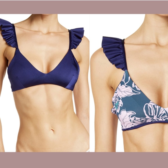 NWT Maaji [ Large ] Blue Depth Halles‎ Ruffle Lace-Up Reversible Bikini Top - Picture 2 of 11